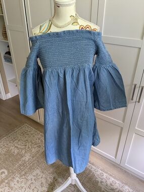 Only Girls Blue Off-Shoulder Smocked Denim Dress